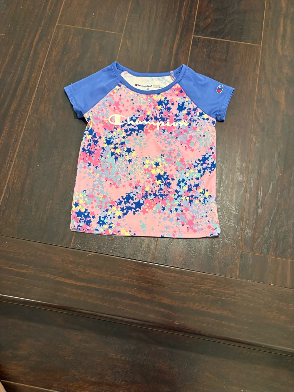 Champion Girls 3T Pink Blue Star Print Athletic Shirt Short Sleeve